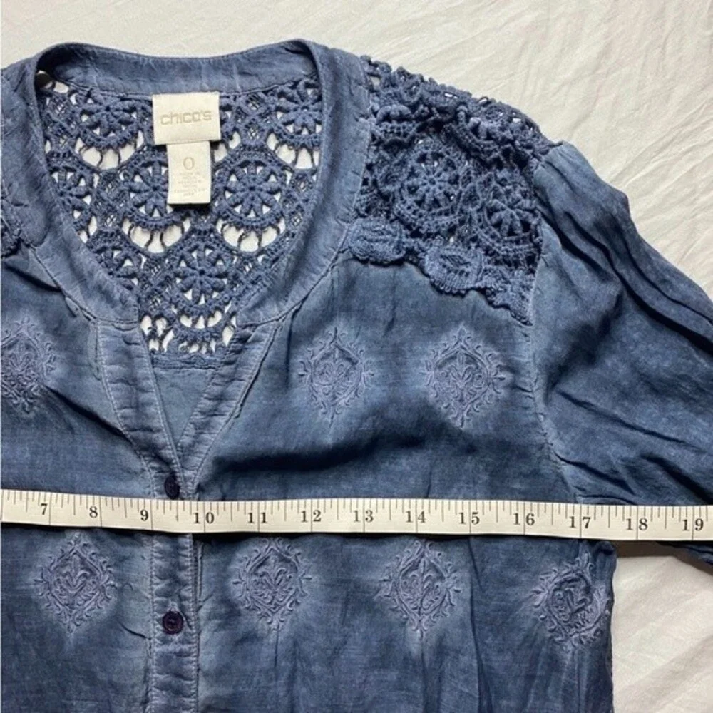 Chico’s Cotton Blend Lace Embroidery Tie-dye Blue Shirt Top Size 0 (S) - Picture 7 of 9